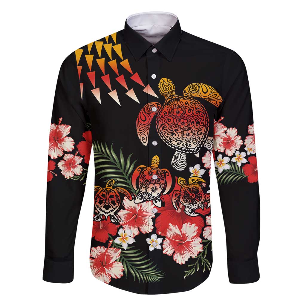 Hawaiian Hibiscus Turtle and Tropical Flower Family Matching Long Sleeve Bodycon Dress and Hawaiian Shirt Dynamic Vibe LT03 Dad's Shirt - Long Sleeve Black - Polynesian Pride