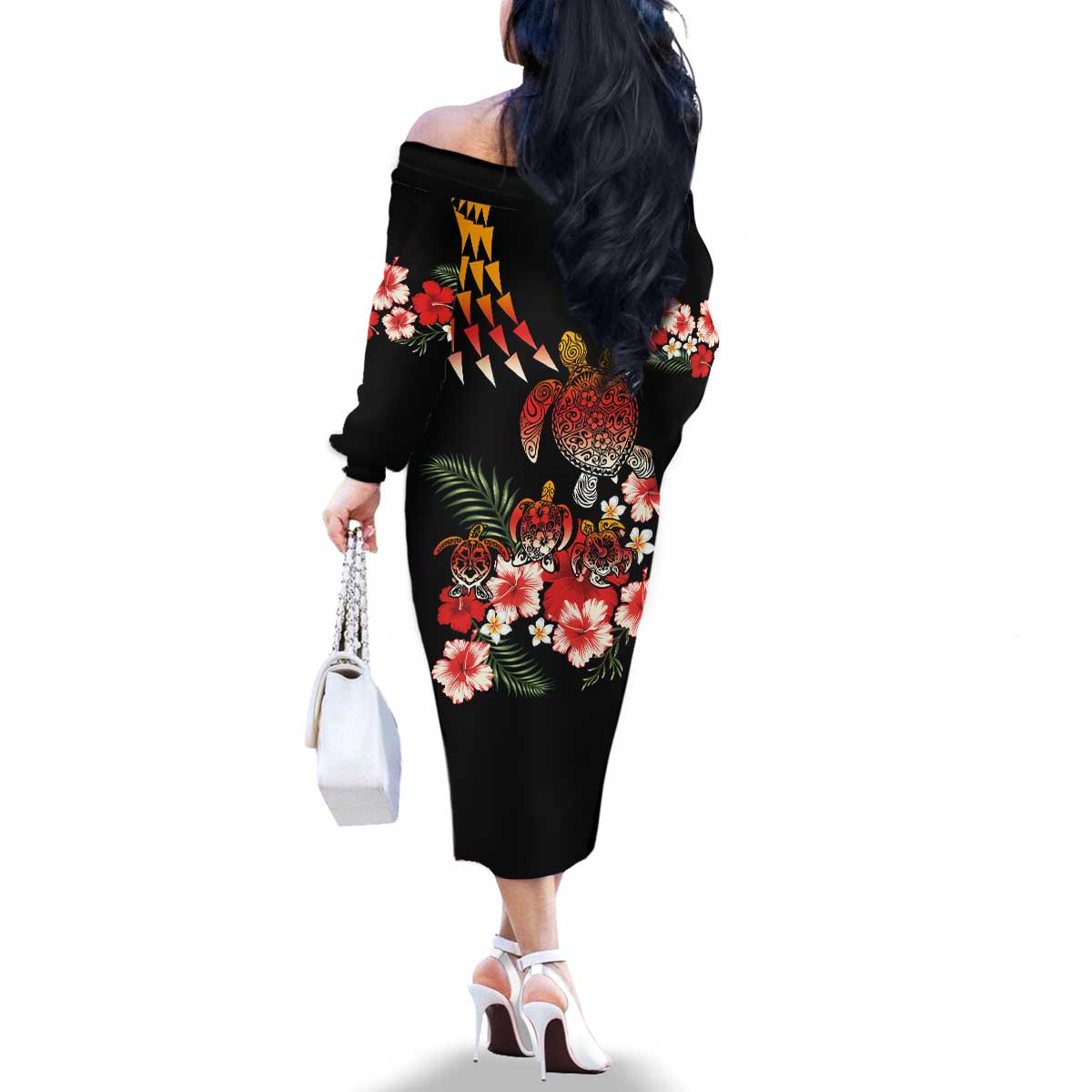 Hawaiian Hibiscus Turtle and Tropical Flower Family Matching Off The Shoulder Long Sleeve Dress and Hawaiian Shirt Dynamic Vibe LT03 - Polynesian Pride