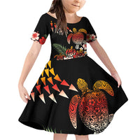 Hawaiian Hibiscus Turtle and Tropical Flower Family Matching Off Shoulder Short Dress and Hawaiian Shirt Dynamic Vibe LT03 Daughter's Dress Black - Polynesian Pride