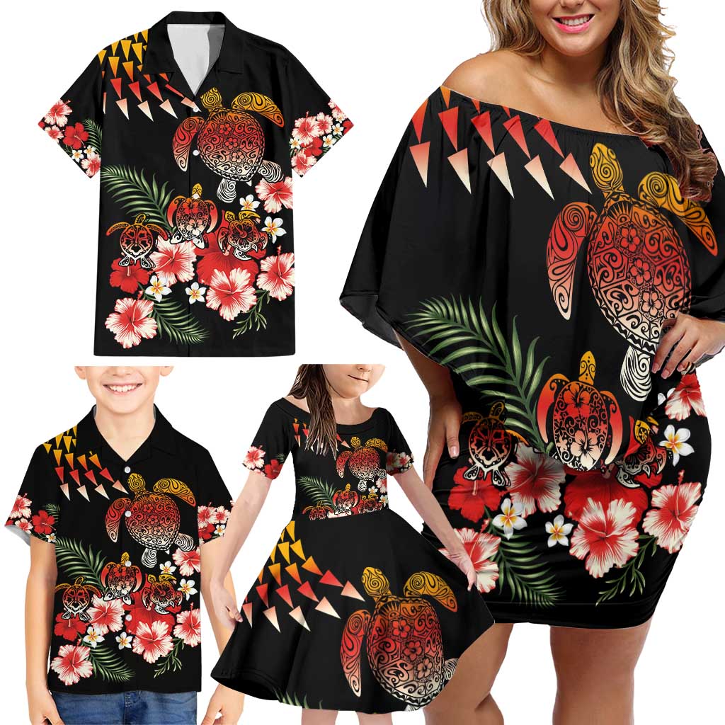 Hawaiian Hibiscus Turtle and Tropical Flower Family Matching Off Shoulder Short Dress and Hawaiian Shirt Dynamic Vibe