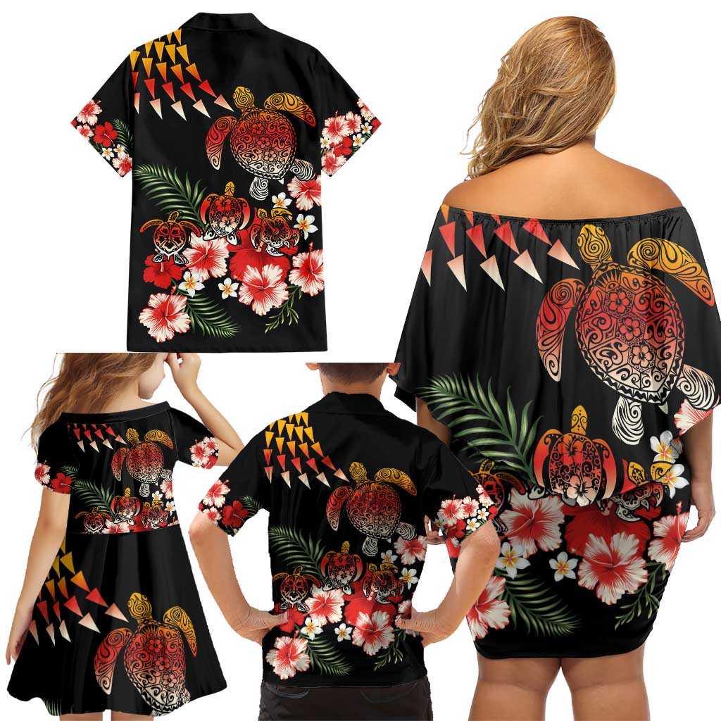 Hawaiian Hibiscus Turtle and Tropical Flower Family Matching Off Shoulder Short Dress and Hawaiian Shirt Dynamic Vibe LT03 - Polynesian Pride