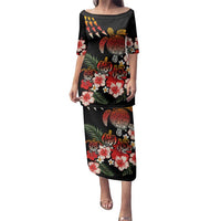 Hawaiian Hibiscus Turtle and Tropical Flower Family Matching Puletasi and Hawaiian Shirt Dynamic Vibe LT03 Mom's Dress Black - Polynesian Pride