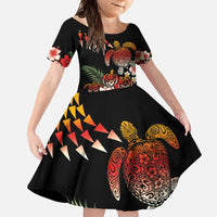 Hawaiian Hibiscus Turtle and Tropical Flower Family Matching Tank Maxi Dress and Hawaiian Shirt Dynamic Vibe LT03 Daughter's Dress Black - Polynesian Pride