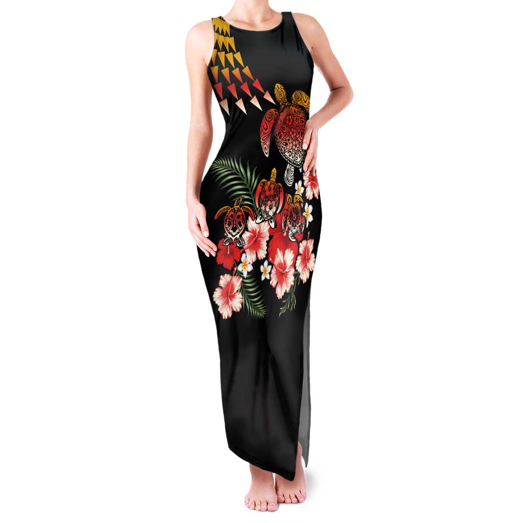 Hawaiian Hibiscus Turtle and Tropical Flower Family Matching Tank Maxi Dress and Hawaiian Shirt Dynamic Vibe LT03 Mom's Dress Black - Polynesian Pride