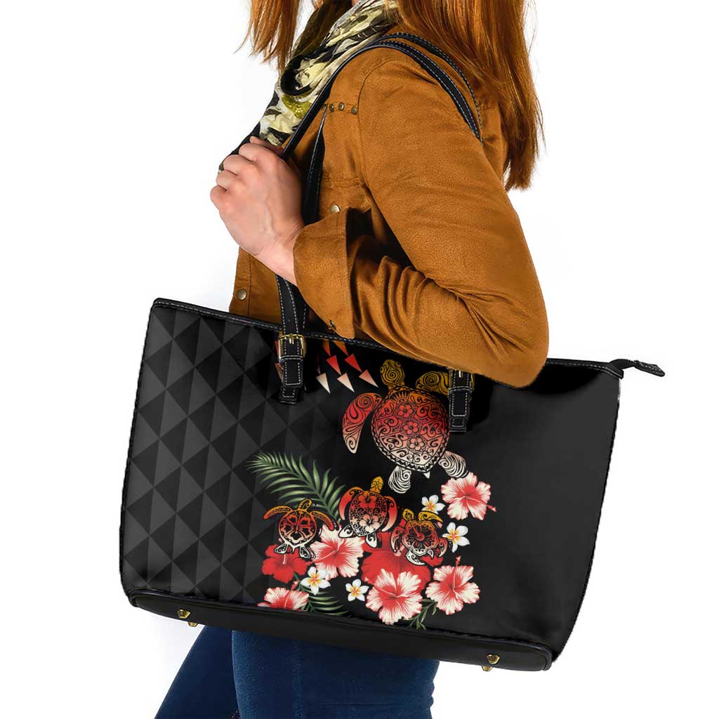 Hawaiian Hibiscus Turtle and Tropical Flower Leather Tote Bag Dynamic Vibe LT03 Black - Polynesian Pride