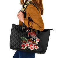 Hawaiian Hibiscus Turtle and Tropical Flower Leather Tote Bag Dynamic Vibe LT03 Black - Polynesian Pride
