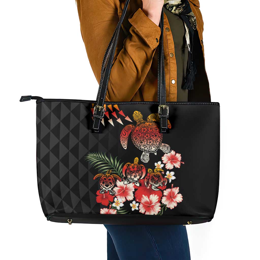 Hawaiian Hibiscus Turtle and Tropical Flower Leather Tote Bag Dynamic Vibe LT03 - Polynesian Pride
