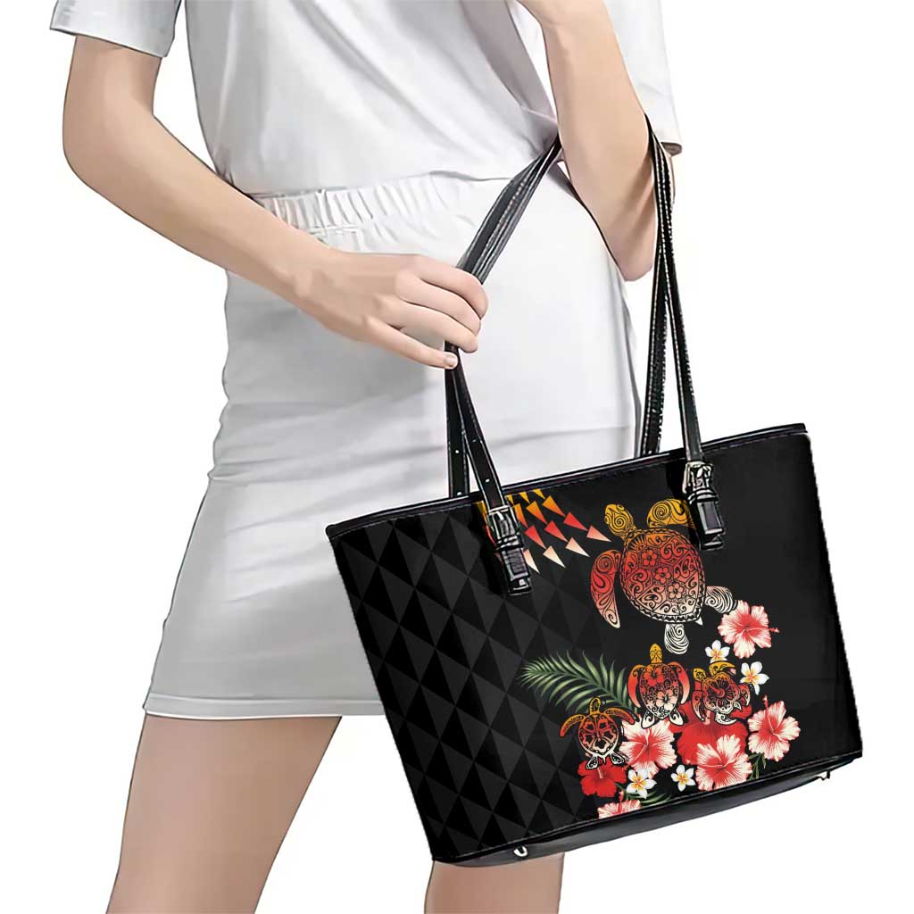 Hawaiian Hibiscus Turtle and Tropical Flower Leather Tote Bag Dynamic Vibe LT03 - Polynesian Pride