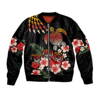 Hawaiian Hibiscus Turtle and Tropical Flower Sleeve Zip Bomber Jacket Dynamic Vibe LT03 Unisex Black - Polynesian Pride