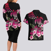 Hawaiian Hibiscus Turtle and Tropical Flower Couples Matching Long Sleeve Bodycon Dress and Hawaiian Shirt Sweet Vibe LT03 - Polynesian Pride