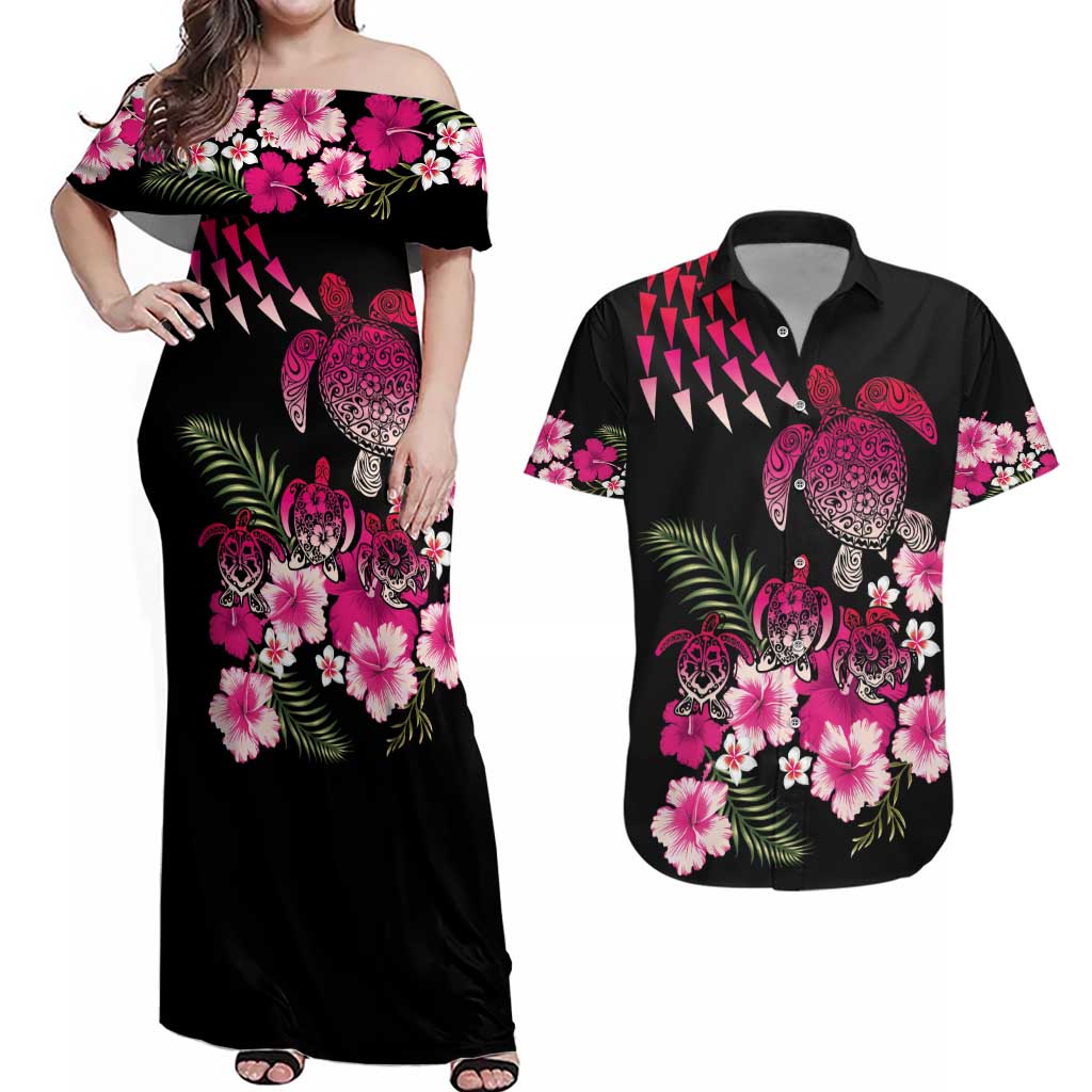 Hawaiian Hibiscus Turtle and Tropical Flower Couples Matching Off Shoulder Maxi Dress and Hawaiian Shirt Sweet Vibe LT03 Black - Polynesian Pride