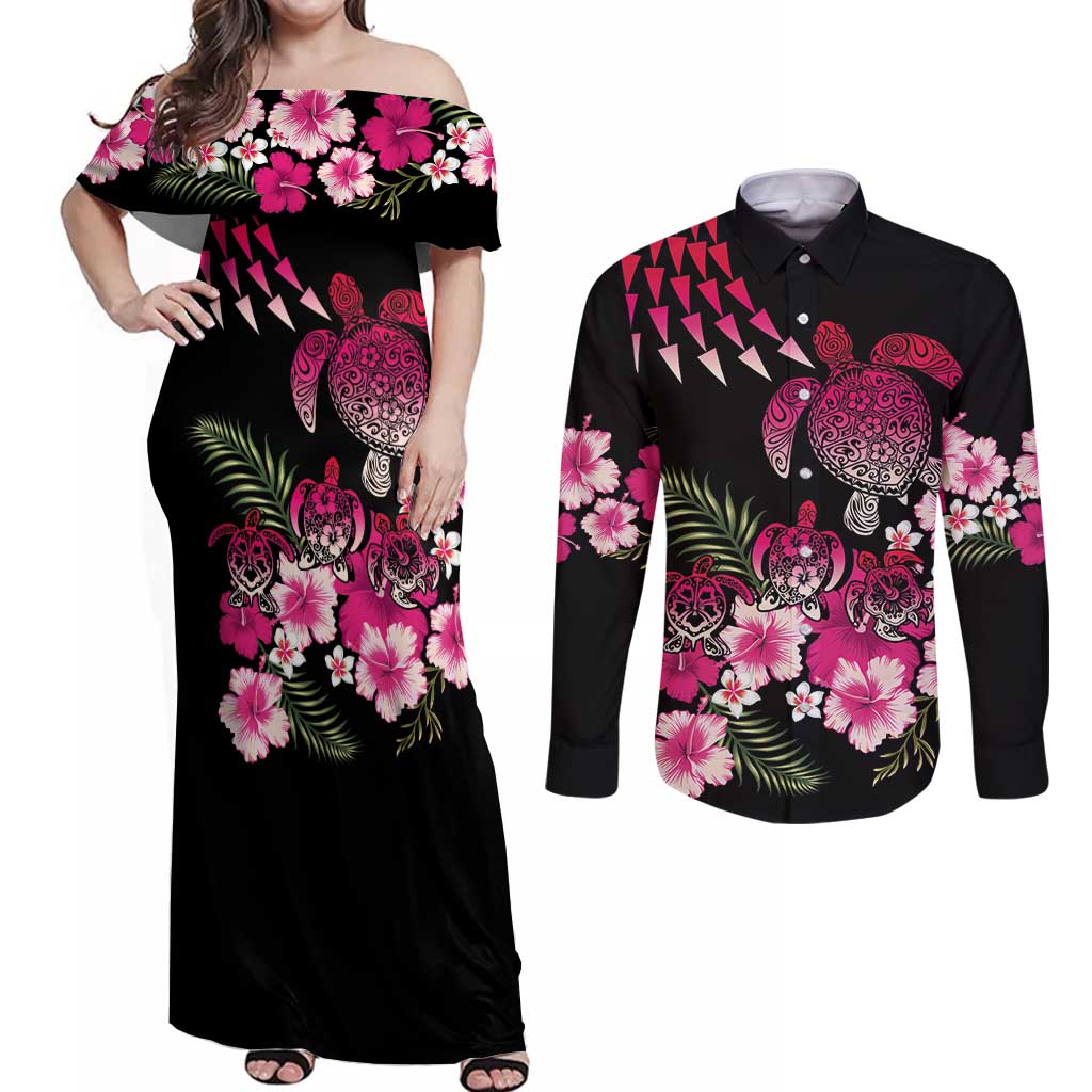 Hawaiian Hibiscus Turtle and Tropical Flower Couples Matching Off Shoulder Maxi Dress and Long Sleeve Button Shirt Sweet Vibe LT03 Black - Polynesian Pride