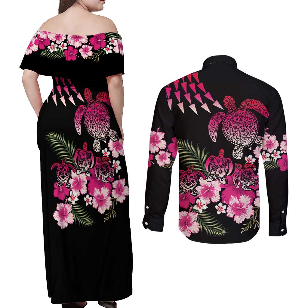 Hawaiian Hibiscus Turtle and Tropical Flower Couples Matching Off Shoulder Maxi Dress and Long Sleeve Button Shirt Sweet Vibe LT03 - Polynesian Pride
