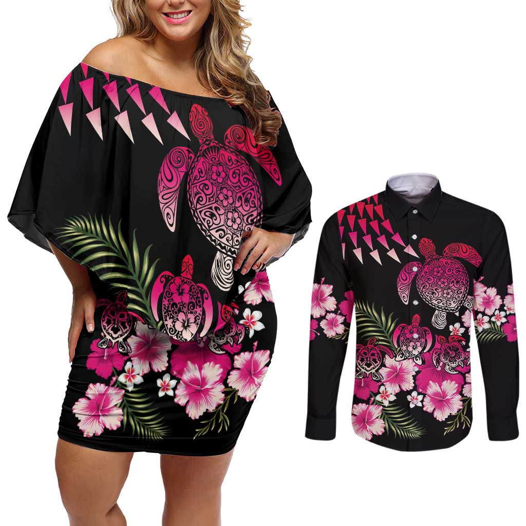 Hawaiian Hibiscus Turtle and Tropical Flower Couples Matching Off Shoulder Short Dress and Long Sleeve Button Shirt Sweet Vibe LT03 Black - Polynesian Pride