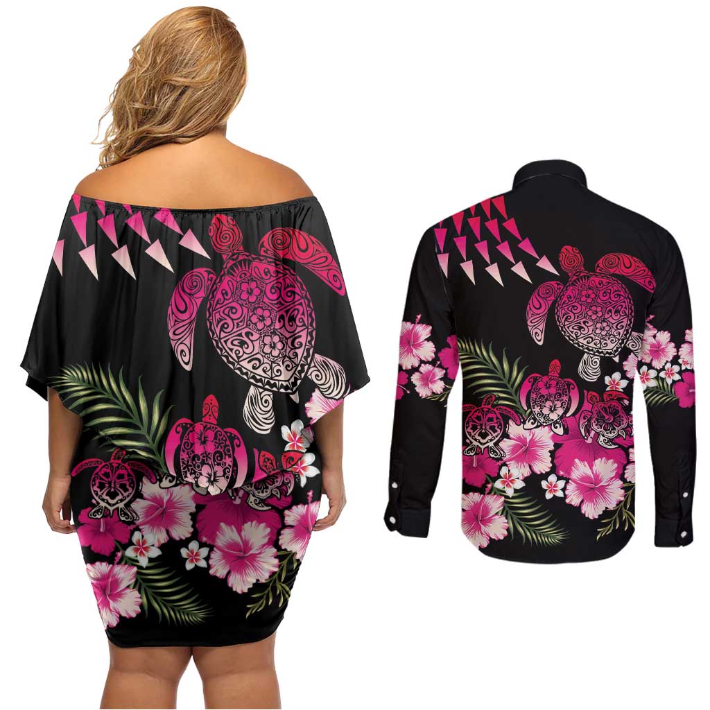 Hawaiian Hibiscus Turtle and Tropical Flower Couples Matching Off Shoulder Short Dress and Long Sleeve Button Shirt Sweet Vibe LT03 - Polynesian Pride