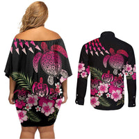 Hawaiian Hibiscus Turtle and Tropical Flower Couples Matching Off Shoulder Short Dress and Long Sleeve Button Shirt Sweet Vibe LT03 - Polynesian Pride