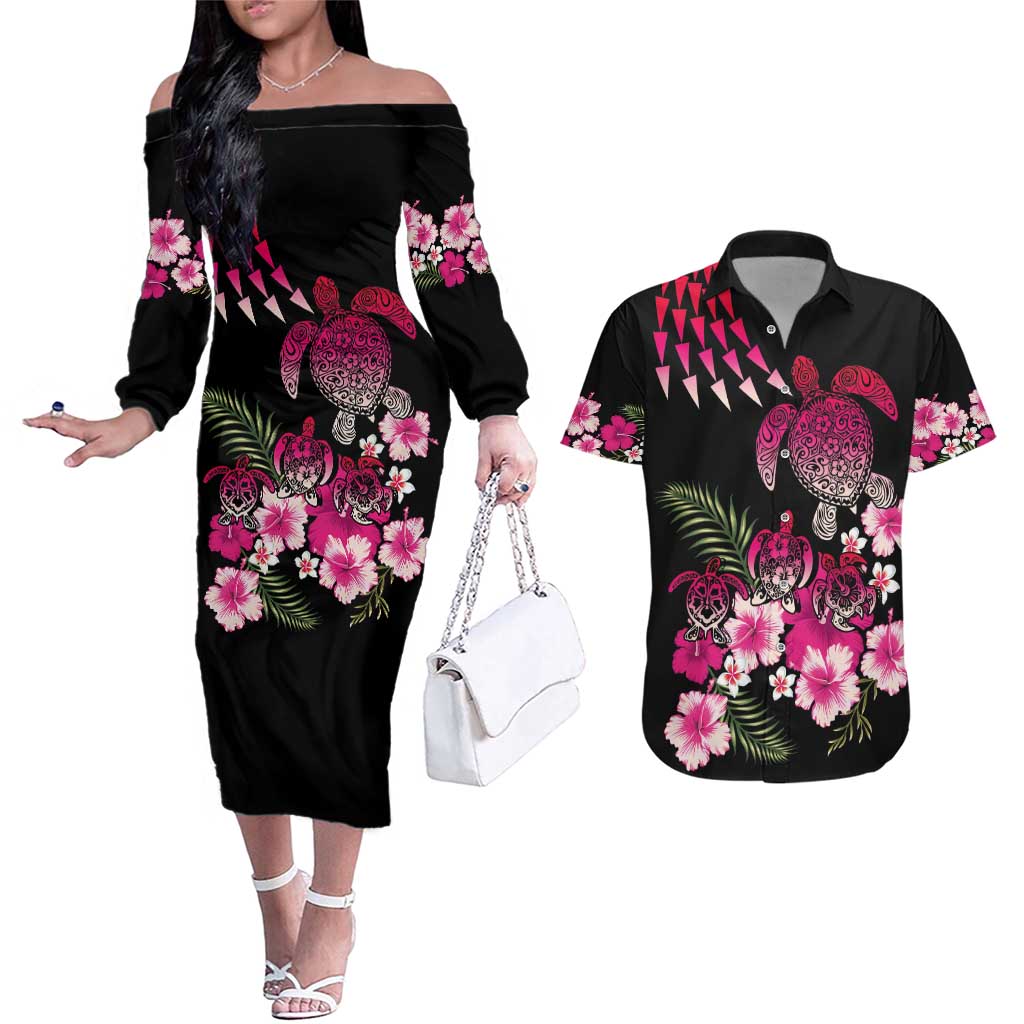 Hawaiian Hibiscus Turtle and Tropical Flower Couples Matching Off The Shoulder Long Sleeve Dress and Hawaiian Shirt Sweet Vibe