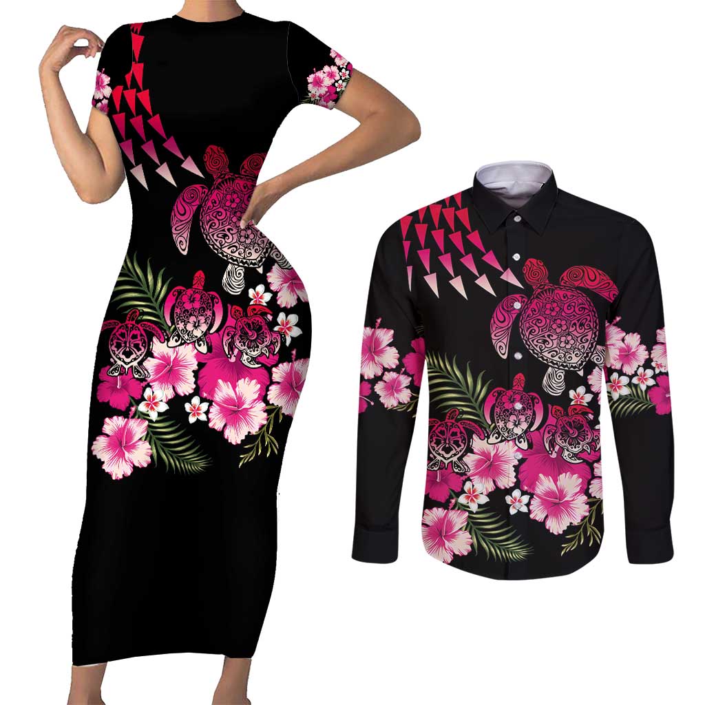 Hawaiian Hibiscus Turtle and Tropical Flower Couples Matching Short Sleeve Bodycon Dress and Long Sleeve Button Shirt Sweet Vibe