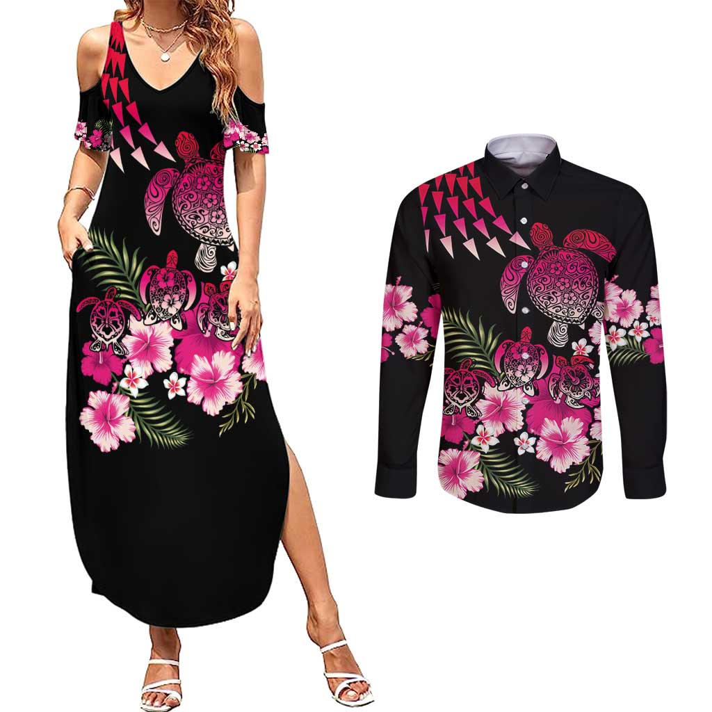 Hawaiian Hibiscus Turtle and Tropical Flower Couples Matching Summer Maxi Dress and Long Sleeve Button Shirt Sweet Vibe LT03 Black - Polynesian Pride