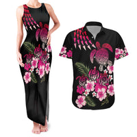 Hawaiian Hibiscus Turtle and Tropical Flower Couples Matching Tank Maxi Dress and Hawaiian Shirt Sweet Vibe LT03 Black - Polynesian Pride