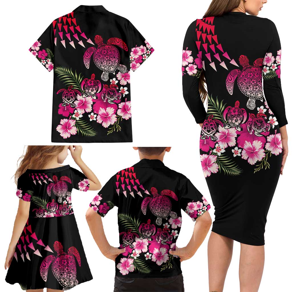 Hawaiian Hibiscus Turtle and Tropical Flower Family Matching Long Sleeve Bodycon Dress and Hawaiian Shirt Sweet Vibe LT03 - Polynesian Pride