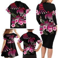 Hawaiian Hibiscus Turtle and Tropical Flower Family Matching Long Sleeve Bodycon Dress and Hawaiian Shirt Sweet Vibe LT03 - Polynesian Pride