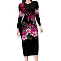 Hawaiian Hibiscus Turtle and Tropical Flower Family Matching Long Sleeve Bodycon Dress and Hawaiian Shirt Sweet Vibe LT03 Mom's Dress Black - Polynesian Pride
