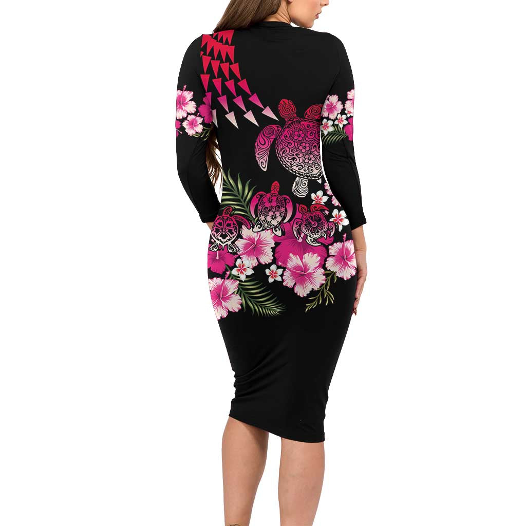 Hawaiian Hibiscus Turtle and Tropical Flower Family Matching Long Sleeve Bodycon Dress and Hawaiian Shirt Sweet Vibe LT03 - Polynesian Pride