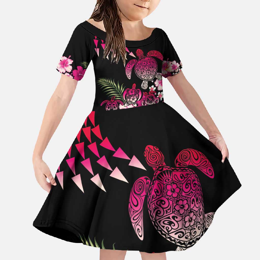 Hawaiian Hibiscus Turtle and Tropical Flower Family Matching Mermaid Dress and Hawaiian Shirt Sweet Vibe LT03 Daughter's Dress Black - Polynesian Pride