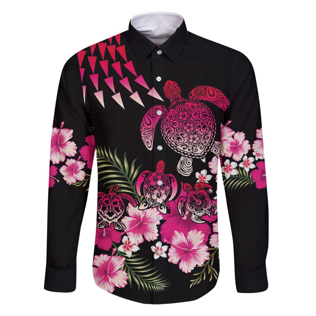Hawaiian Hibiscus Turtle and Tropical Flower Family Matching Mermaid Dress and Hawaiian Shirt Sweet Vibe LT03 Dad's Shirt - Long Sleeve Black - Polynesian Pride