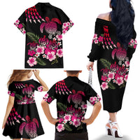 Hawaiian Hibiscus Turtle and Tropical Flower Family Matching Off The Shoulder Long Sleeve Dress and Hawaiian Shirt Sweet Vibe LT03 - Polynesian Pride