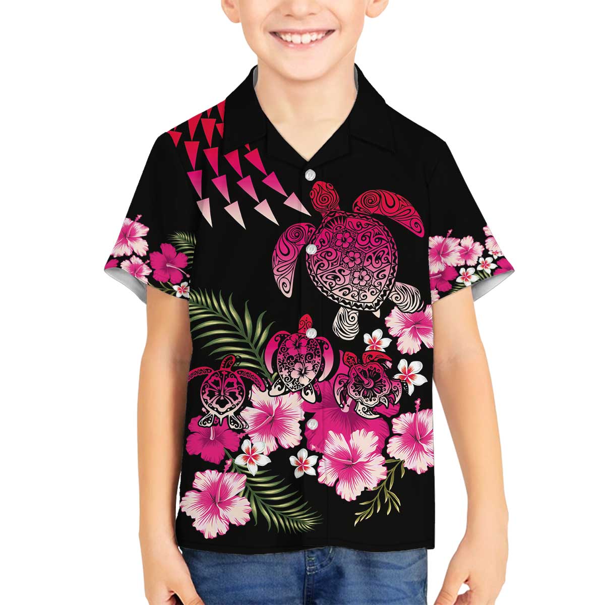 Hawaiian Hibiscus Turtle and Tropical Flower Family Matching Off The Shoulder Long Sleeve Dress and Hawaiian Shirt Sweet Vibe LT03 Son's Shirt Black - Polynesian Pride