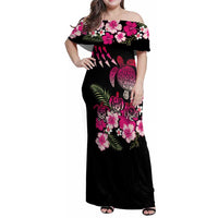Hawaiian Hibiscus Turtle and Tropical Flower Family Matching Off Shoulder Maxi Dress and Hawaiian Shirt Sweet Vibe LT03 Mom's Dress Black - Polynesian Pride