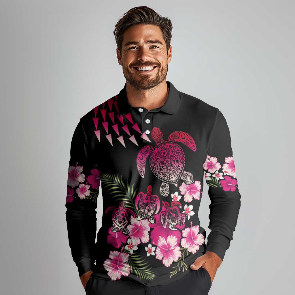 Hawaiian Hibiscus Turtle and Tropical Flower Long Sleeve Polo Shirt Sweet Vibe