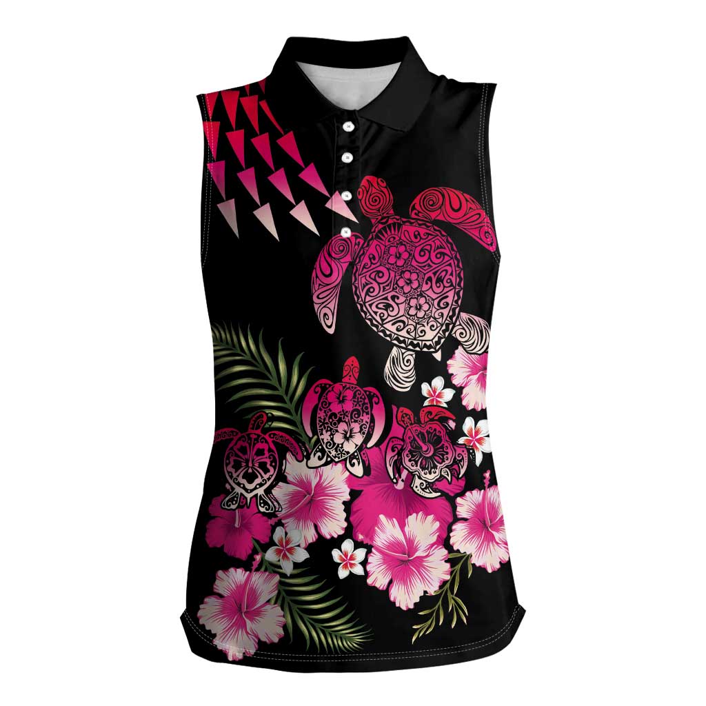 Hawaiian Hibiscus Turtle and Tropical Flower Women Sleeveless Polo Shirt Sweet Vibe LT03 Female Black - Polynesian Pride