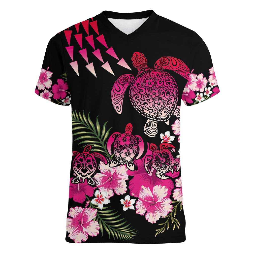 Hawaiian Hibiscus Turtle and Tropical Flower Women V-Neck T-Shirt Sweet Vibe LT03 Female Black - Polynesian Pride