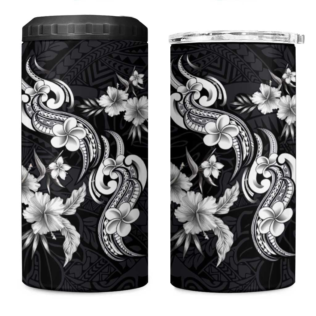 Hawaiian-Polynesian Art Tattoo 4 in 1 Can Cooler Tumbler Hibiscus and Plumeria Grayscale LT03 One Size: 16 oz Black - Polynesian Pride