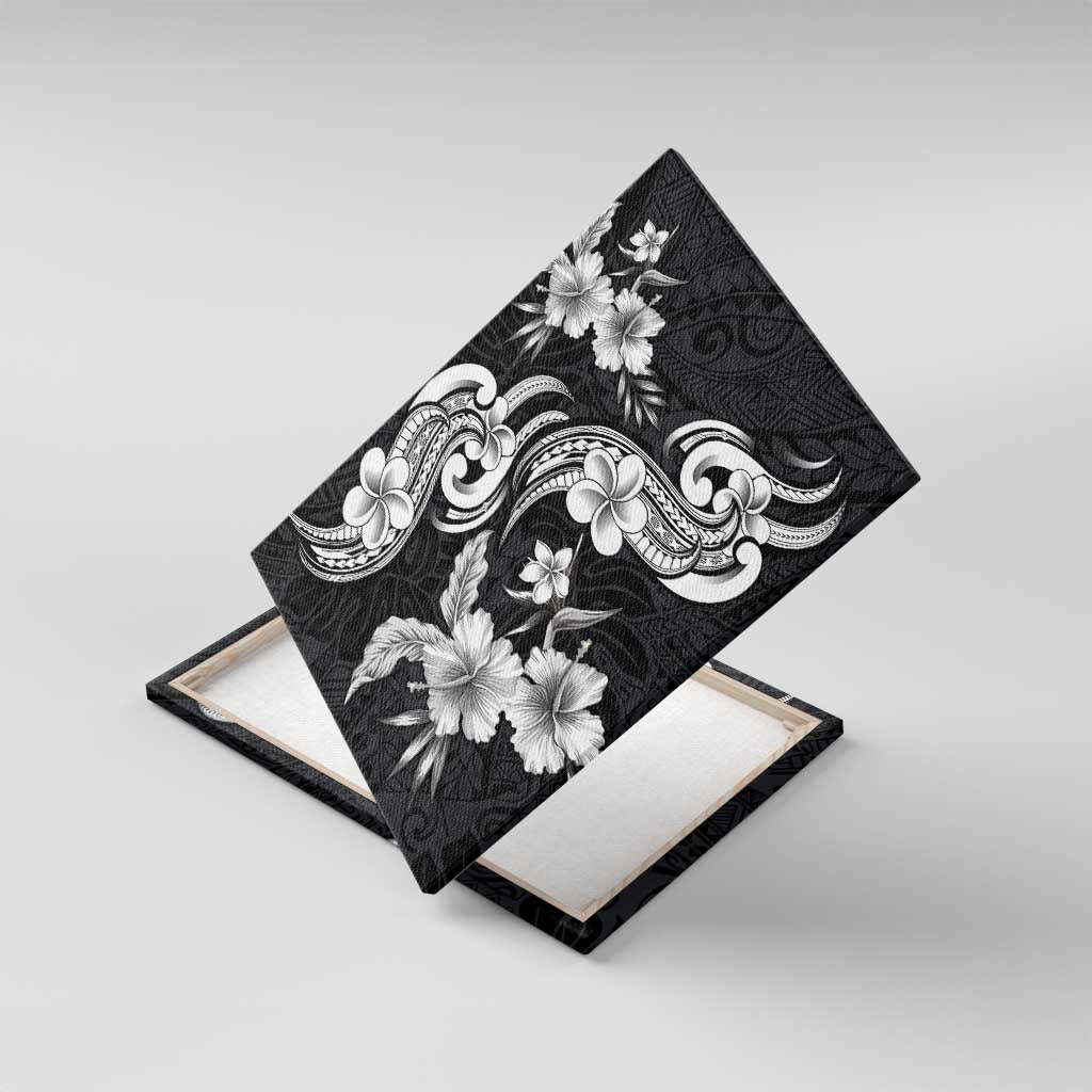 Hawaiian-Polynesian Art Tattoo Canvas Wall Art Hibiscus and Plumeria Grayscale LT03 With Frame Black - Polynesian Pride