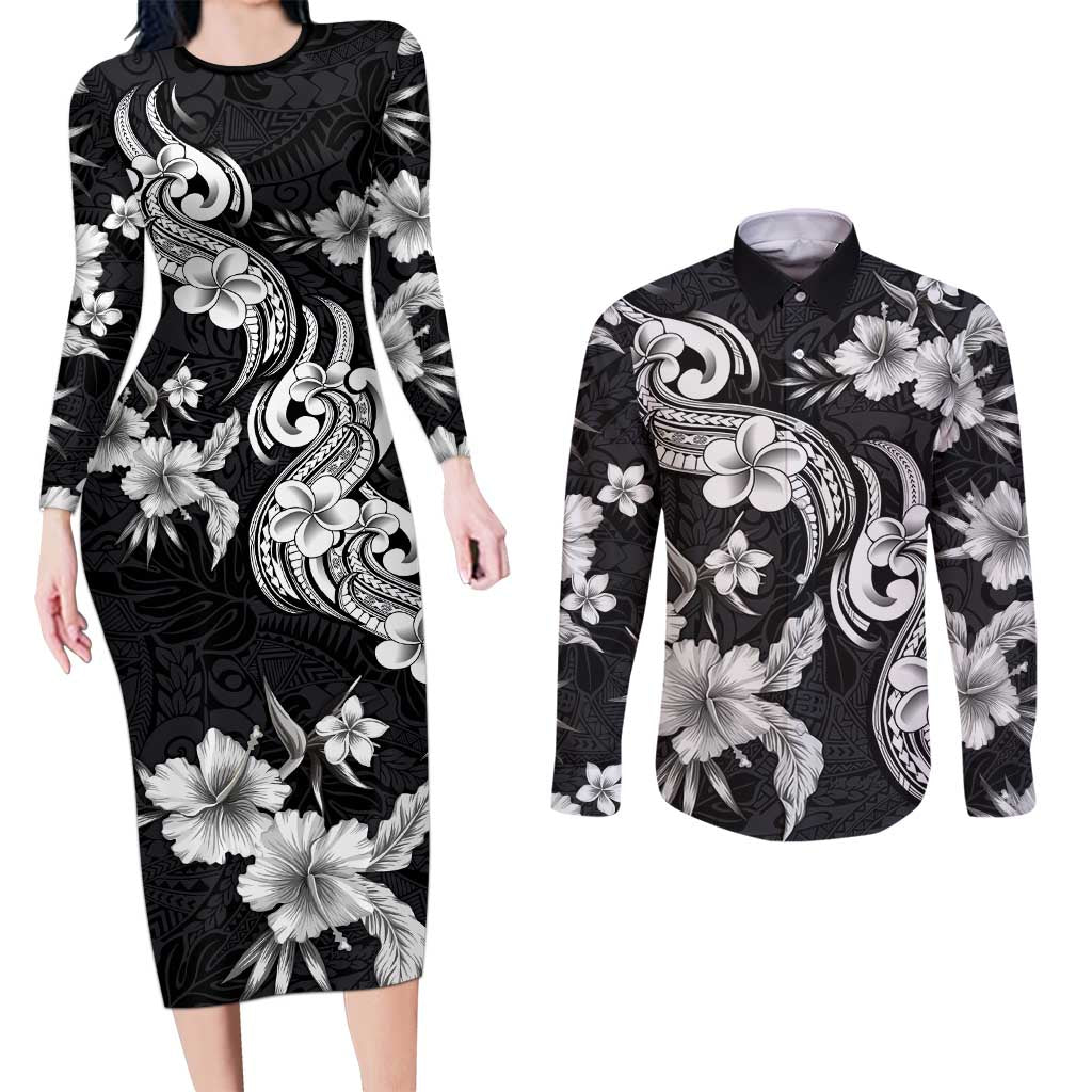 Hawaiian-Polynesian Art Tattoo Couples Matching Long Sleeve Bodycon Dress and Long Sleeve Button Shirt Hibiscus and Plumeria Grayscale LT03 Black - Polynesian Pride