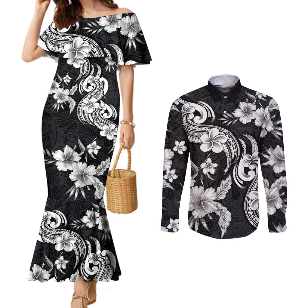 Hawaiian-Polynesian Art Tattoo Couples Matching Mermaid Dress and Long Sleeve Button Shirt Hibiscus and Plumeria Grayscale