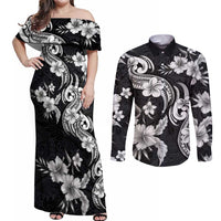 Hawaiian-Polynesian Art Tattoo Couples Matching Off Shoulder Maxi Dress and Long Sleeve Button Shirt Hibiscus and Plumeria Grayscale LT03 Black - Polynesian Pride