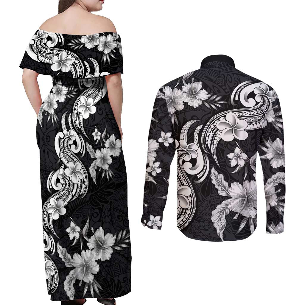Hawaiian-Polynesian Art Tattoo Couples Matching Off Shoulder Maxi Dress and Long Sleeve Button Shirt Hibiscus and Plumeria Grayscale LT03 - Polynesian Pride
