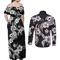 Hawaiian-Polynesian Art Tattoo Couples Matching Off Shoulder Maxi Dress and Long Sleeve Button Shirt Hibiscus and Plumeria Grayscale LT03 - Polynesian Pride