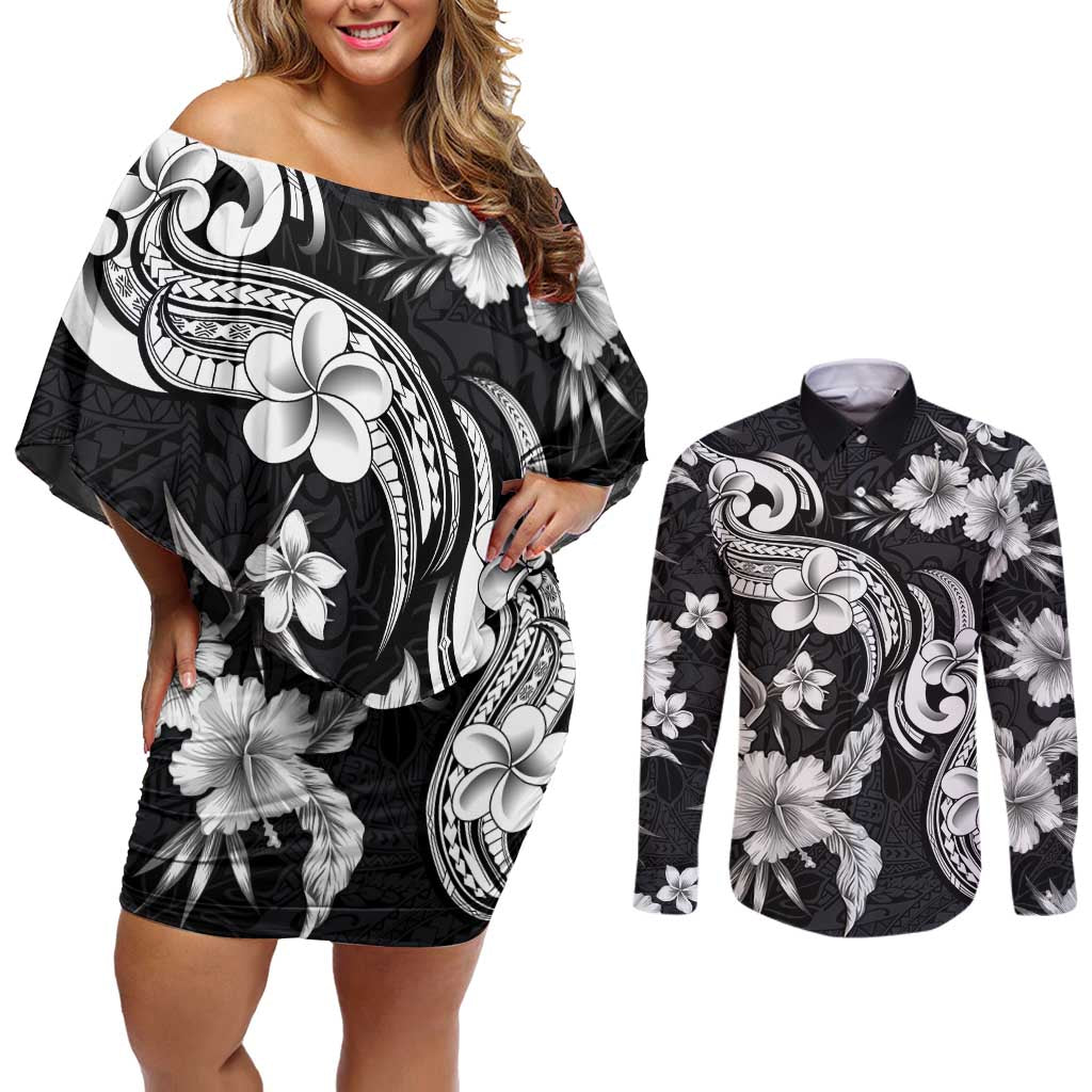 Hawaiian-Polynesian Art Tattoo Couples Matching Off Shoulder Short Dress and Long Sleeve Button Shirt Hibiscus and Plumeria Grayscale