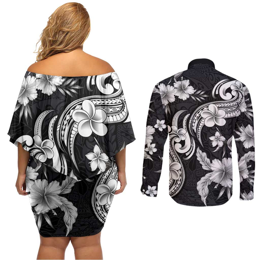 Hawaiian-Polynesian Art Tattoo Couples Matching Off Shoulder Short Dress and Long Sleeve Button Shirt Hibiscus and Plumeria Grayscale LT03 - Polynesian Pride