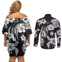 Hawaiian-Polynesian Art Tattoo Couples Matching Off Shoulder Short Dress and Long Sleeve Button Shirt Hibiscus and Plumeria Grayscale LT03 - Polynesian Pride