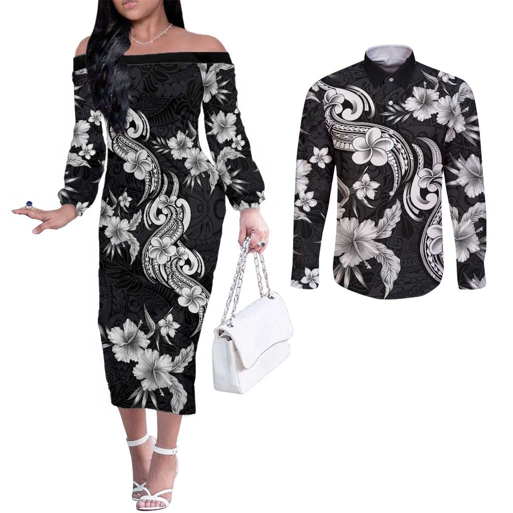 Hawaiian-Polynesian Art Tattoo Couples Matching Off The Shoulder Long Sleeve Dress and Long Sleeve Button Shirt Hibiscus and Plumeria Grayscale LT03 Black - Polynesian Pride