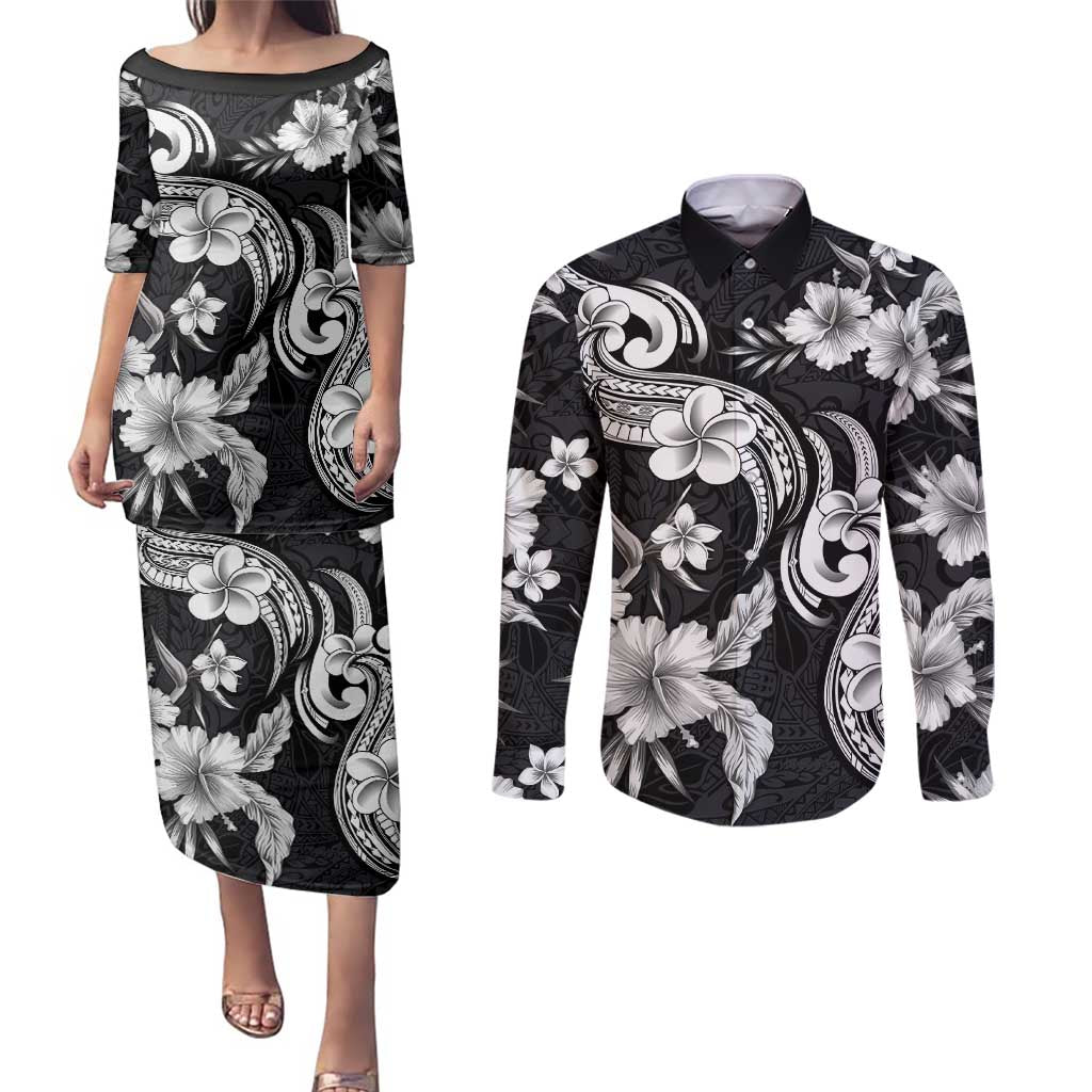 Hawaiian-Polynesian Art Tattoo Couples Matching Puletasi and Long Sleeve Button Shirt Hibiscus and Plumeria Grayscale LT03 Black - Polynesian Pride