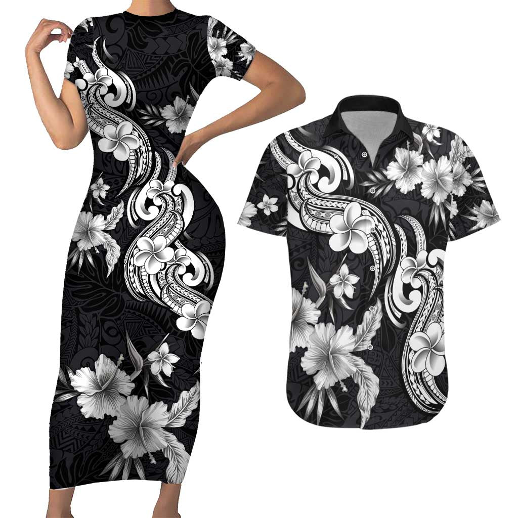 Hawaiian-Polynesian Art Tattoo Couples Matching Short Sleeve Bodycon Dress and Hawaiian Shirt Hibiscus and Plumeria Grayscale LT03 Black - Polynesian Pride