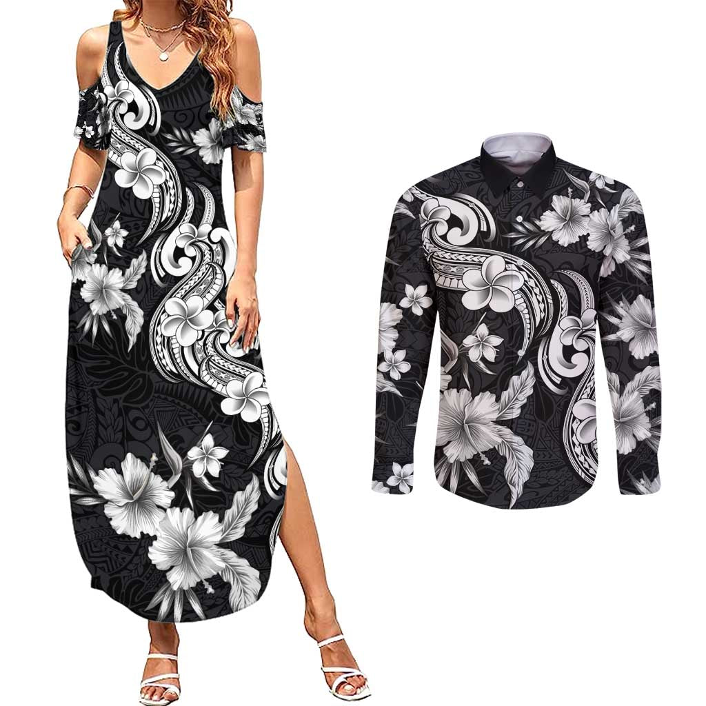 Hawaiian-Polynesian Art Tattoo Couples Matching Summer Maxi Dress and Long Sleeve Button Shirt Hibiscus and Plumeria Grayscale LT03 Black - Polynesian Pride
